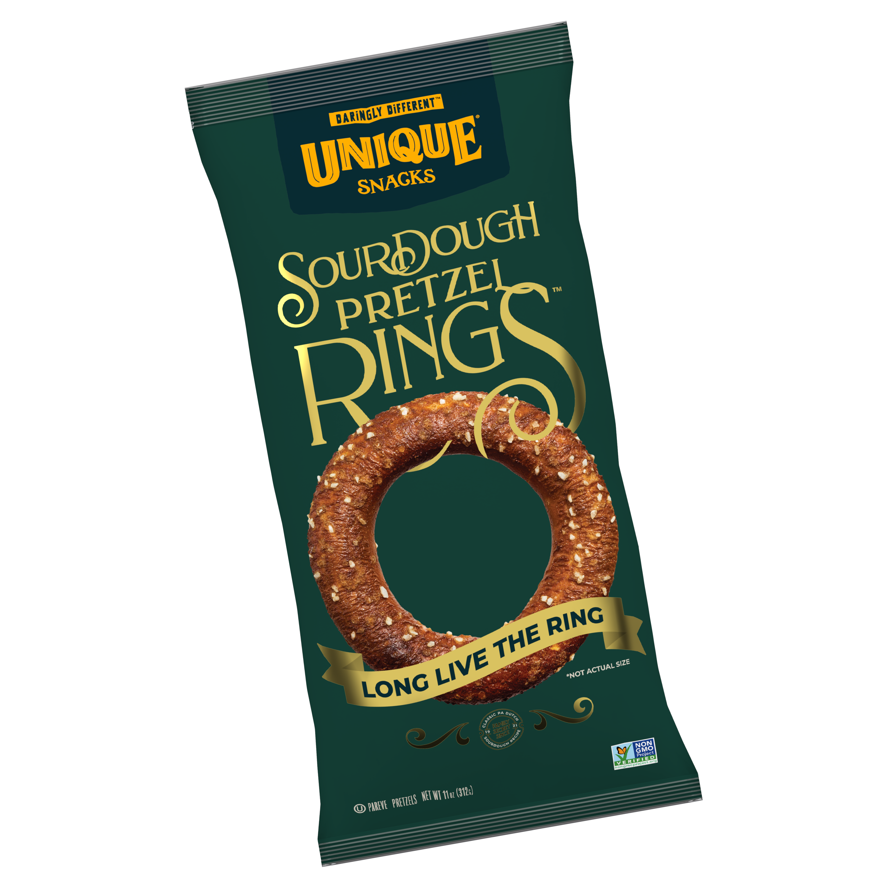 Packaging of Unique Sourdough Pretzel Rings on a white background