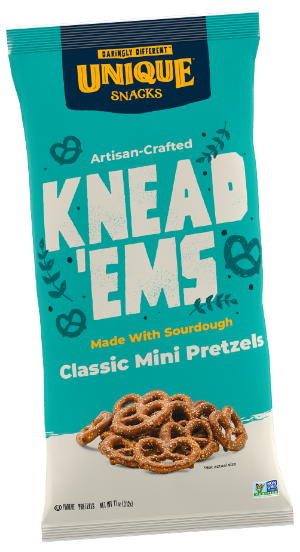 A bag of Unique Snacks Knead 'Em's Classic Mini Pretzels, featuring a teal and white design with a photo of the pretzels on the front.