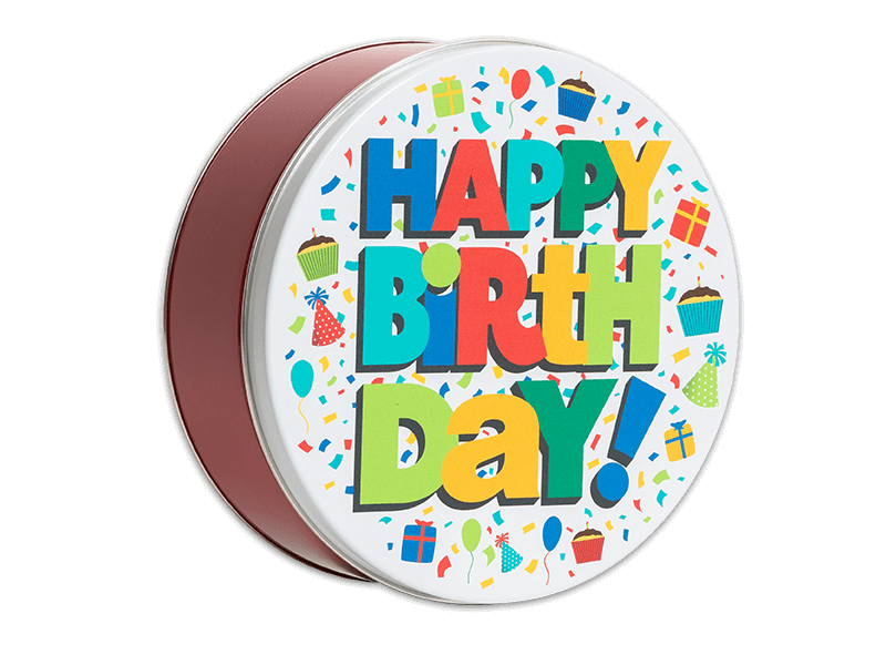 Unique Snacks Birthday Bash 24 Count collectible gift tin filled with chocolate covered pretzels