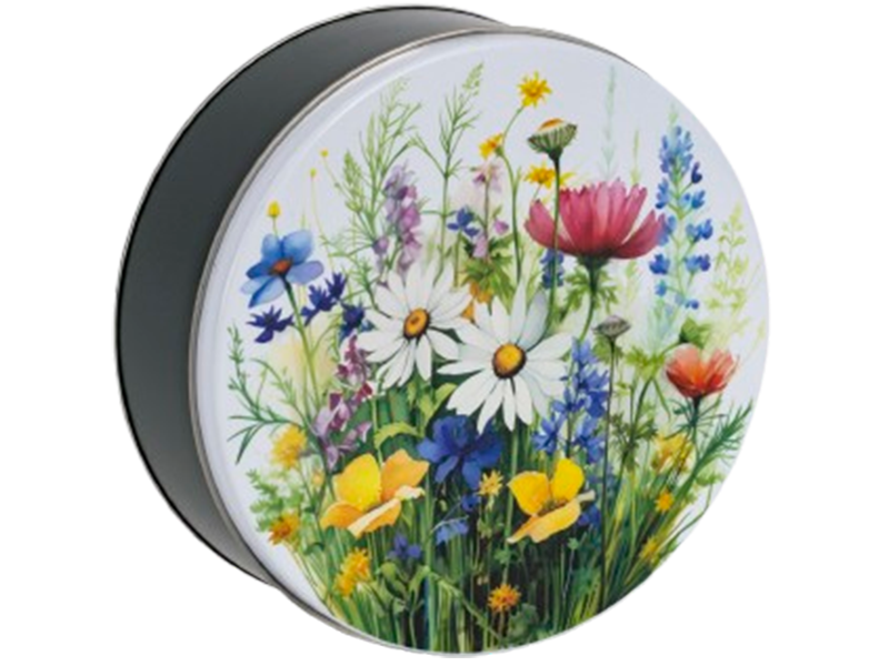 Unique Snacks Daisies 24 Count collectible gift tin filled with chocolate covered pretzels