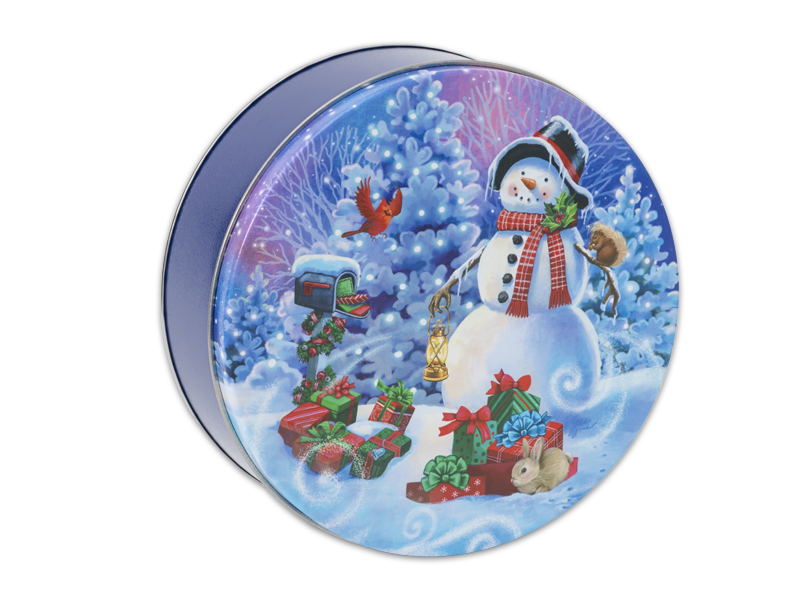 Unique Snacks Classic Snowman 24 Count collectible gift tin filled with chocolate covered pretzels
