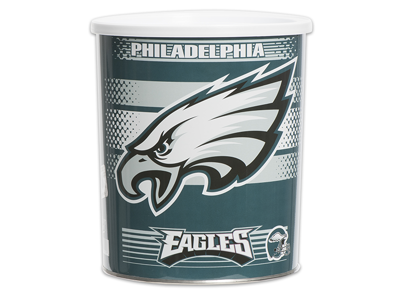 32-count eagles tin, green background with Eagles logo and "Philadelphia" text on pail