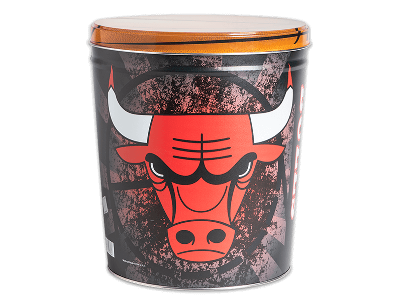 Chicago Bulls pretzel tin, Bulls head logo on black and red, large basketball graphic on lid