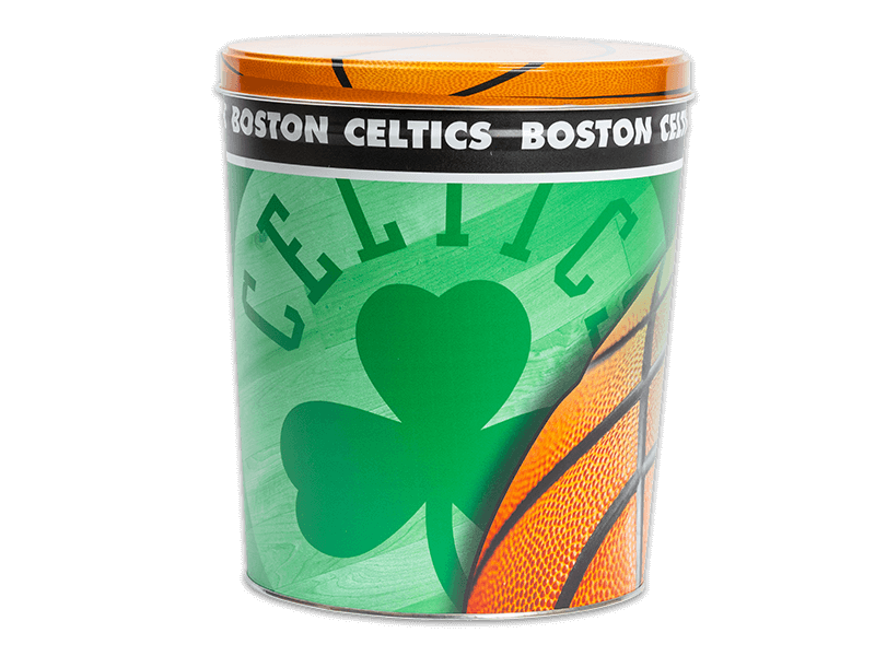 Boston Celtics pretzel tin, Celtics logo large background, "Celtics" with basketball color lid.