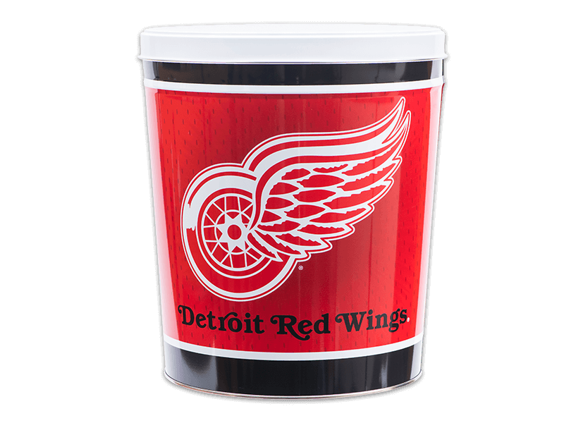 Detroit Red Wings pretzel tin, red background, logo in white, "Detroit Red Winds" text in black, white lid