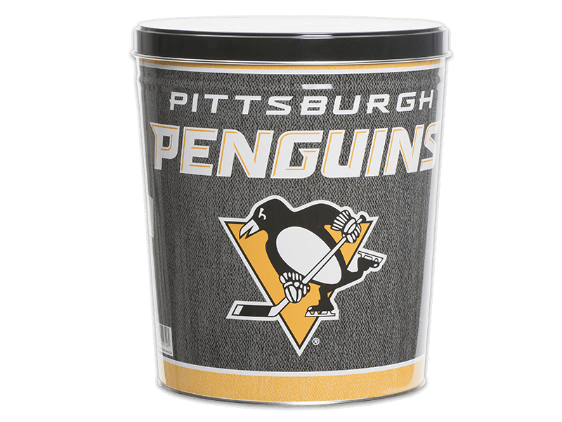 Pittsburgh Penguins pretzel tin, penguin with hockey stick on skates and "Pittsburgh Penguins" on gray background