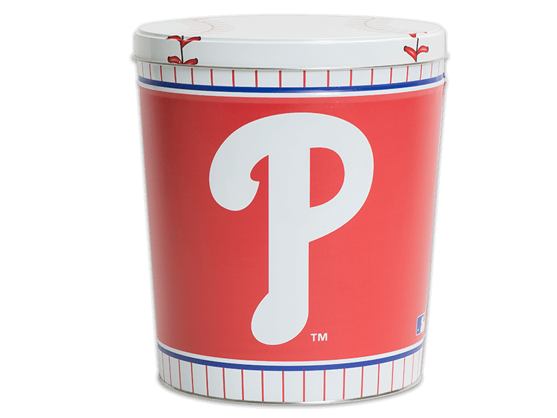 Philadelphia Phillies pretzel tin, white "P" on a red background, a large baseball graphic covers the lid