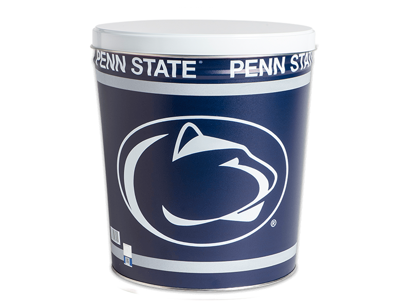 Penn State pretzel tin, Penn State logo in white on blue background with "Penn State" text around top of tin
