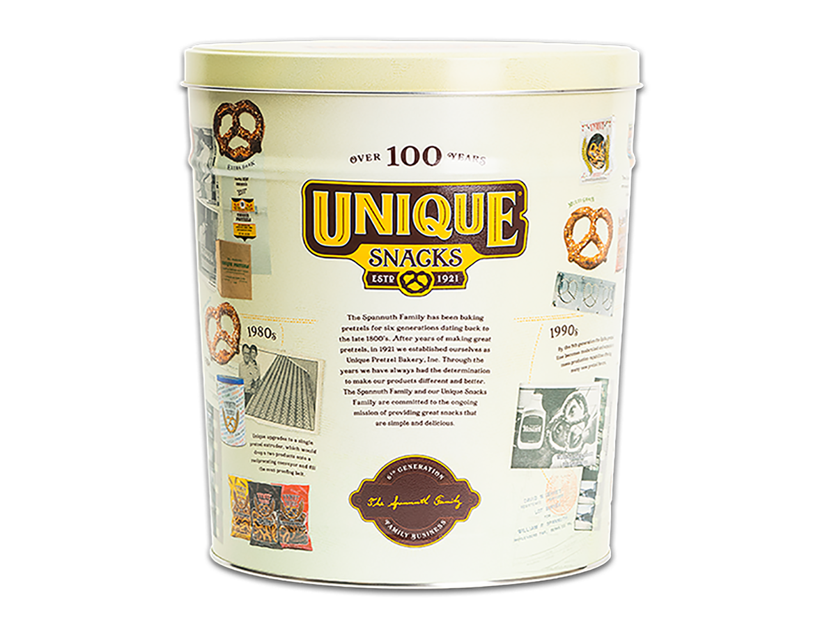 Tall pretzel tin with Unique Snacks 100th Anniversary theme