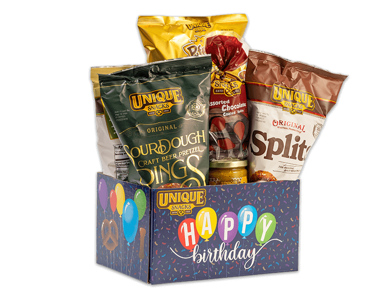 Unique Snacks gourmet pretzel gift basket featuring pretzels chocolate covered pretzels and dipping sauces