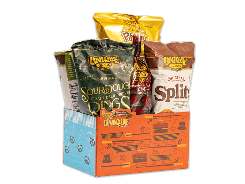 Fishing basket box, orange and blue sides with pretzels on fishing lines and fishing equipment on box filled with various Unique Snacks products