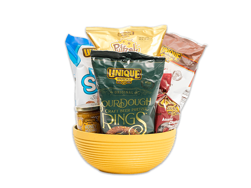 Yellow Medium Snack Bowl, with Pretzels, Puff Knots, Chocolate and Dip.