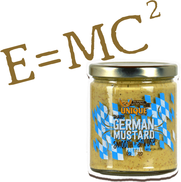 E=MC^2 equation with a jar of Unique Snacks German Mustart