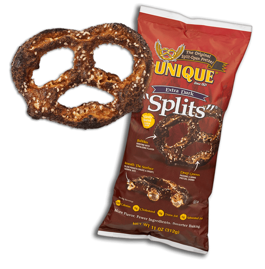  Extra Dark Splits bag of pretzels and one pretzel out of the bag