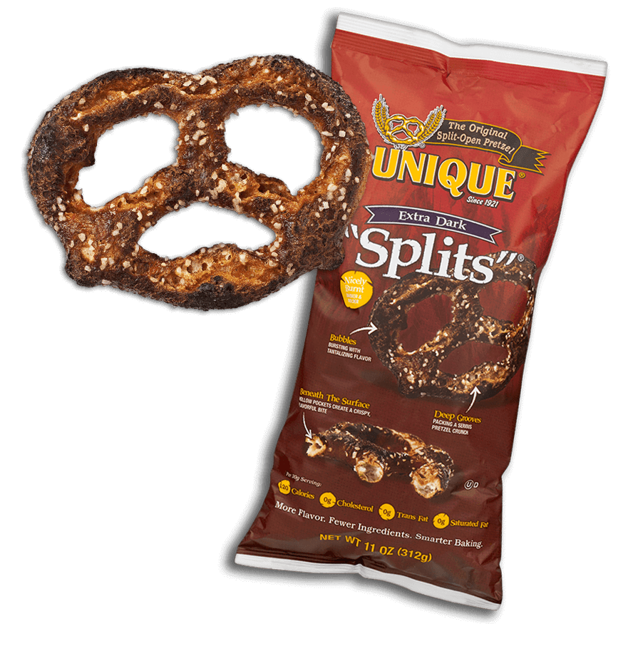 Extra Dark Splits bag of pretzels and one pretzel out of the bag