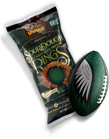 Bag of Sourdough Pretzels and Eagles branded football