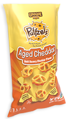 4.8oz yellow and orange bag of Aged Cheddar Puffzels