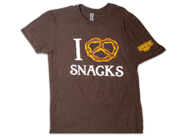 I heart snacks brown tshirt front angle