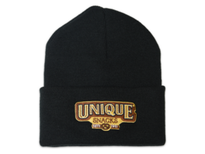 Black Beanie Knit cap w/ uniquesnacks logo