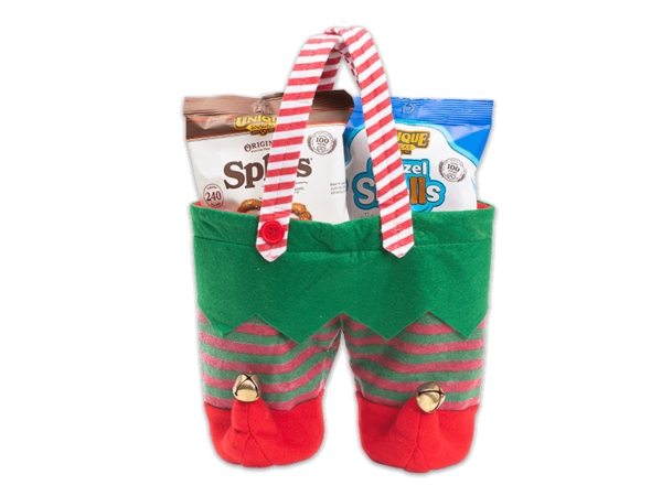 Elf Pants shaped basket filled with various Unique Snacks products