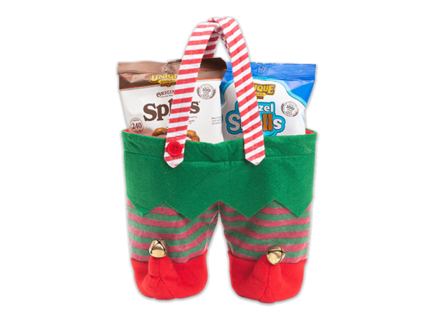Elf Pants shaped basket filled with various Unique Snacks products