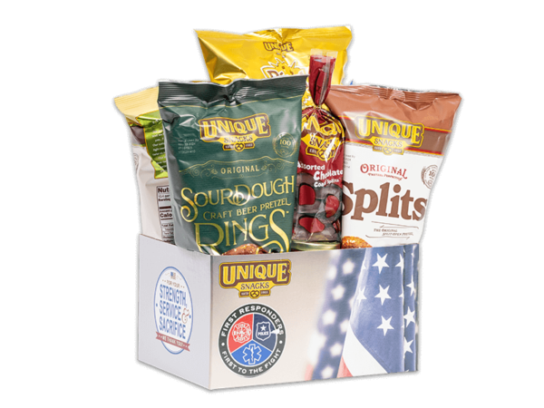 Responders basket box with American flag on it, filled with various Unique Snacks products