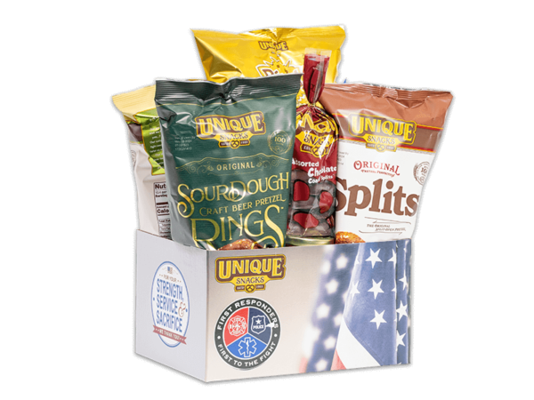 Responders basket box with American flag on it, filled with various Unique Snacks products