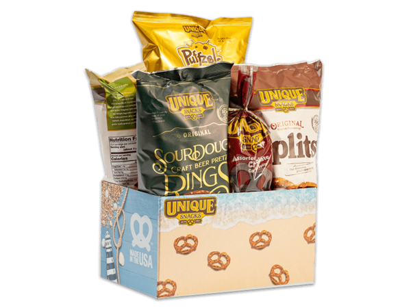 Unique snacks bundle box with the Bach and pretzels on it, it contains sourdough rings, honey mustard dip, original splits and others