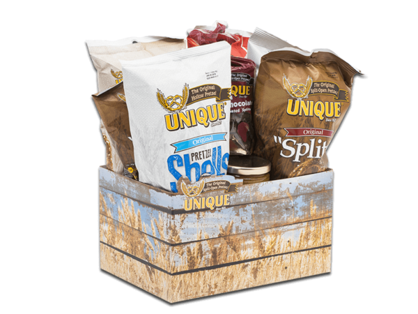 Wheat crate basket box, wheat printed on a gray box with crate style, filled with various Unique Snacks products