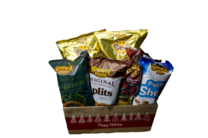 Brown wood box with red trim and white christmas trees