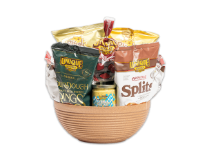 Large Lite Brown Snack Bowl filled with pretzels, mustard and chocolate.