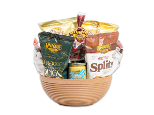 Large Lite Brown Snack Bowl filled with pretzels, mustard and chocolate.