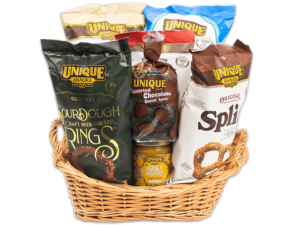 varied unique snacks products in a light woven basket