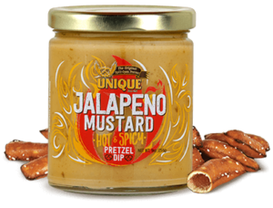 9oz jar of Unique Snacks Jalapeño Mustard dip