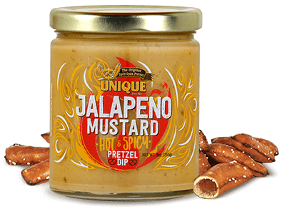 9oz jar of Unique Snacks Jalapeño Mustard dip