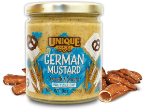 9oz jar of Unique Snacks Sharp German Mustard with blue and wheat designs on it