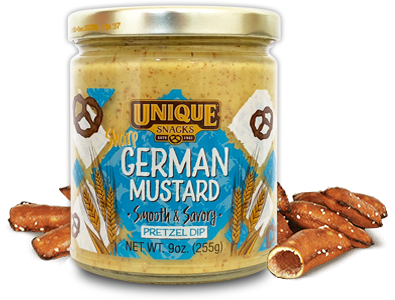 Unique snacks German mustard in a jar with blue and wheat designs on it