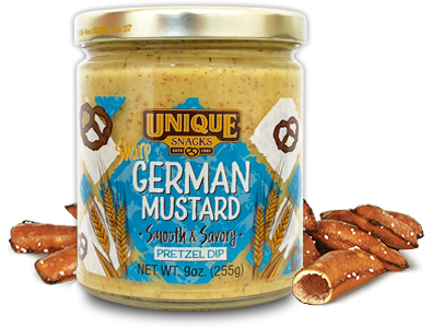 9oz jar of Unique Snacks Sharp German Mustard with blue and wheat designs on it