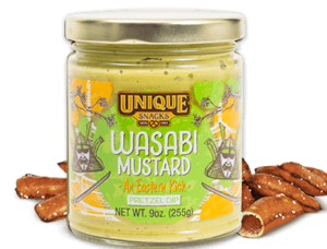 Unique snacks wasabi mustard in a jar that has green and yellow art