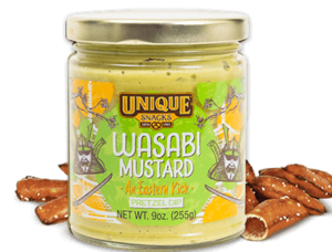 Unique snacks wasabi mustard pretzel dip in a jar that has green and yellow art