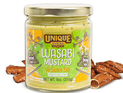 Unique snacks wasabi mustard pretzel dip in a jar that has green and yellow art
