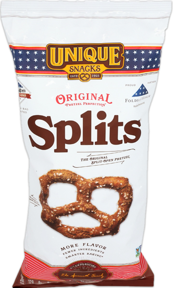 Unique snacks original pretzel splits in red white and blue America packaging
