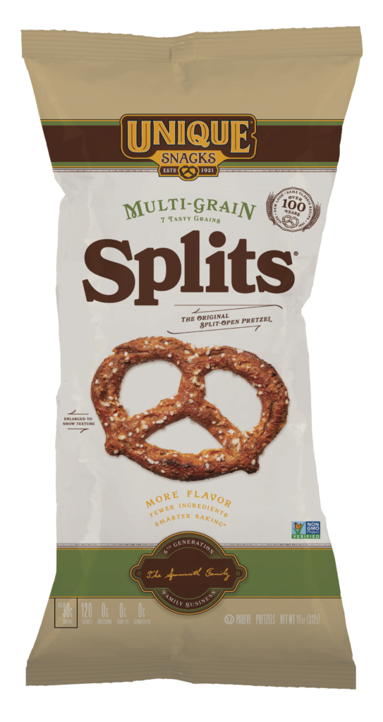 11oz bag of Unique Snacks Multi-grain Pretzel Splits