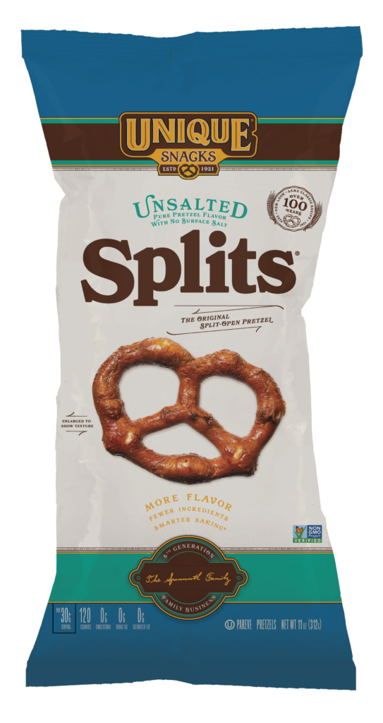 11oz bag of Unique Snacks Unsalted Pretzel Splits