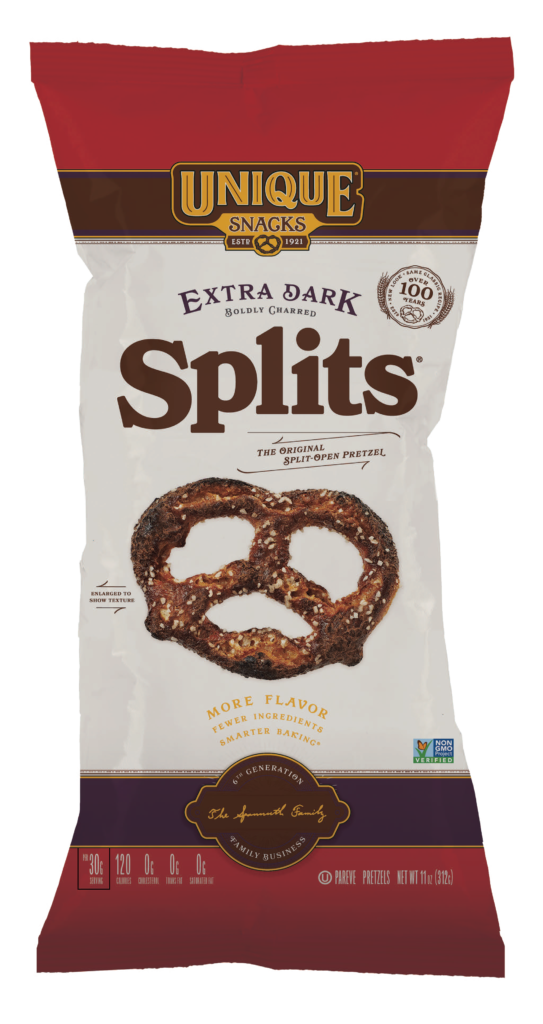 11oz bag of Unique Snacks Extra Dark Pretzel Splits