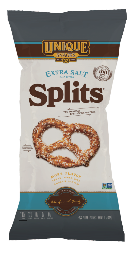 11oz bag of Unique Snacks Extra Dark Pretzel Splits