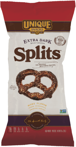 11oz bag of Unique Snacks Extra Dark Splits