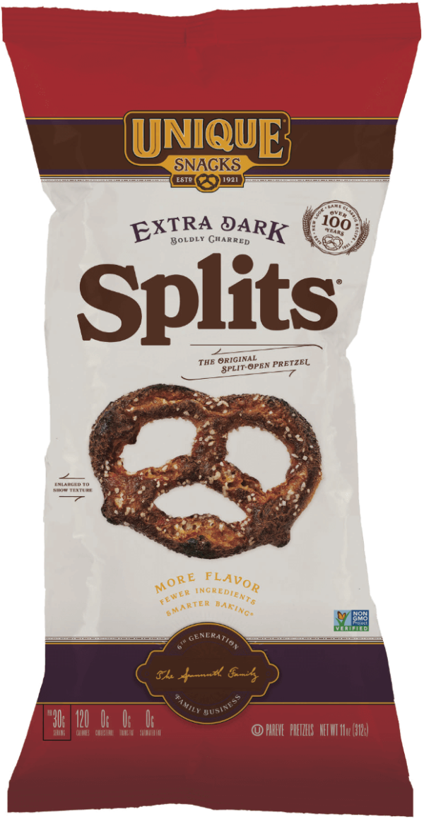 11oz bag of Unique Snacks Extra Dark Splits