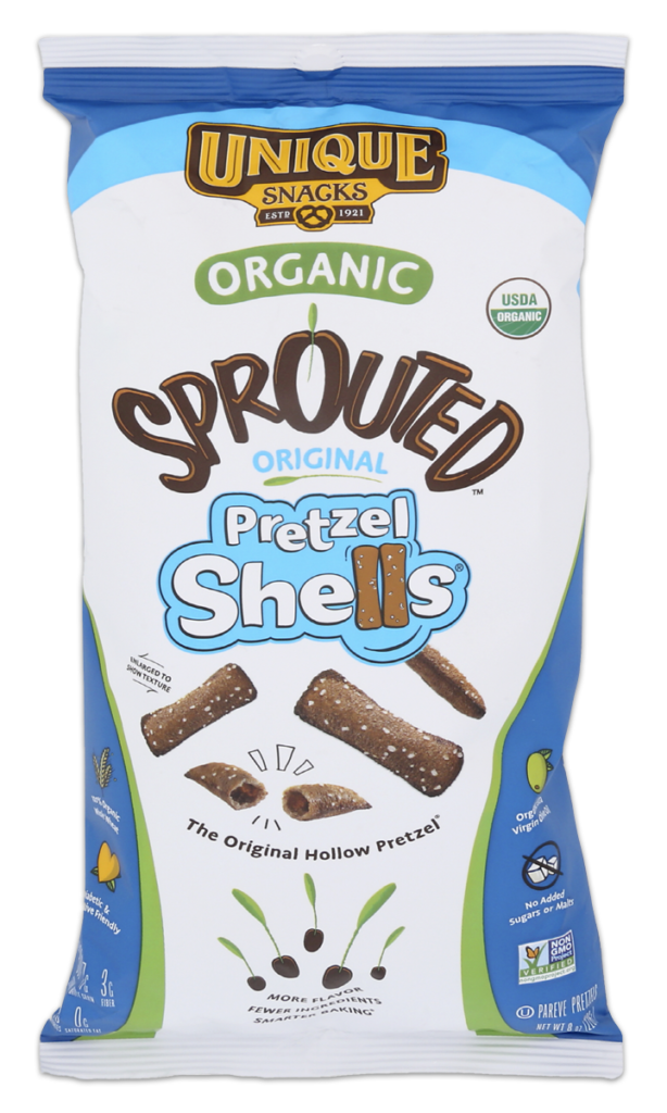 Unique snacks organic original sprouted pretzel shells in a white,blue, and green bag