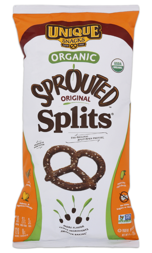 Unique snacks organic original sprouted pretzel splits in orange, red and white packaging